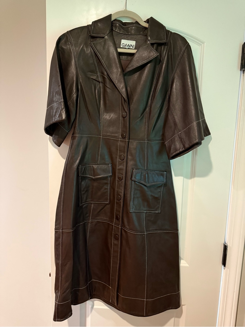 Ganni Dark Brown Leather Button-Front Short-Sleeve Coat Dress